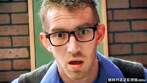 Surprised male teacher with glasses in classroom, Brazzers horny teacher scene
