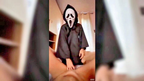 Ghostface masked woman in black robe fingering herself, Halloween squirting tease