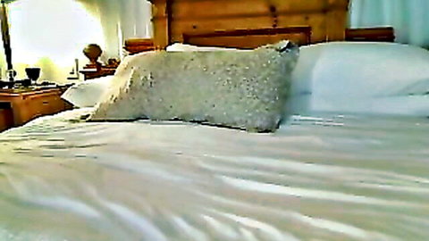 Naughty Asian teen's bedroom setup with sparkly pillow on white sheets