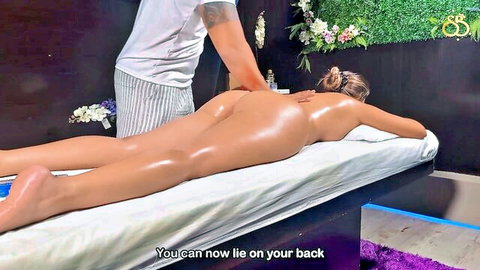 Scarlet Benz nude oiled massage on table, turning over