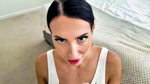 Aysha Paige as seductive step-mom in white tank top, intense gaze