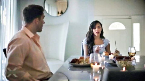 Boss's daughter in sexy dress seduces man at romantic dinner porn thumbnail