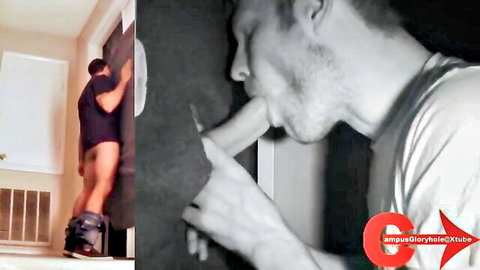 Bearded man sucks thick uncut cock through glory hole wall in gay amateur blowjob.