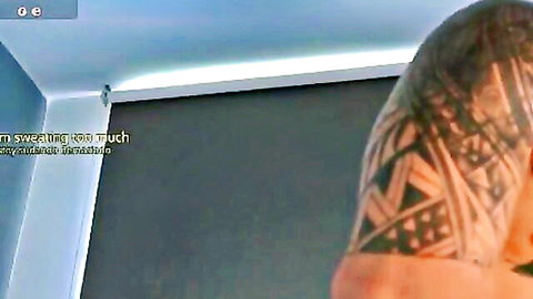 Sweaty tattooed muscular man in intense close-up sex scene