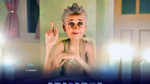 Animated older woman Lily as Susan in Village Wench Transformation adult game, gray-haired character pointing surprised