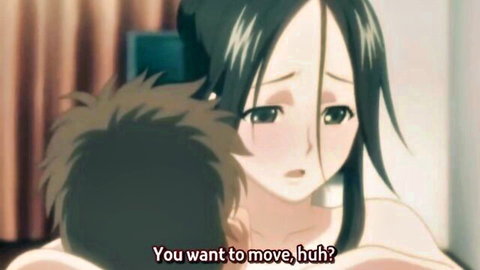 Hentai anime girl with flushed teary face embraced from behind by guy saying 'you want to move huh?'