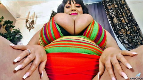 Jj Jewel curvy brunette with huge tits in striped lingerie POV