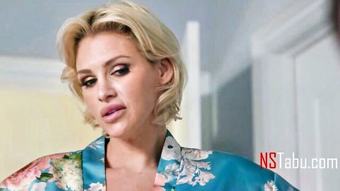 Blonde MILF stepmom in silk robe, seductive gaze for taboo solo watch