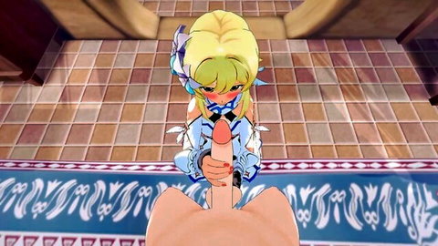 Blonde anime hentai girl in blue cosplay outfit jerks massive pink cock with her hand