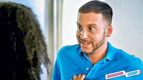 Smiling DILF in blue polo shirt badge talks to curly-haired black teen babe in daughter swap daddy roleplay