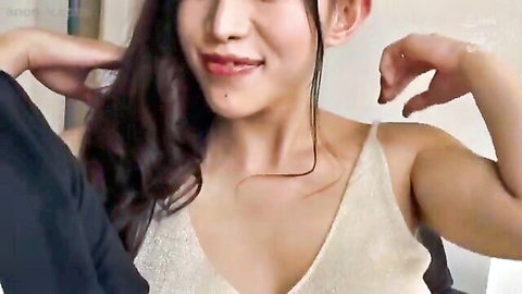Seductive Maria in sparkling gold dress, wet hair, glossy lips tease