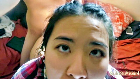 Petite Asian teen in plaid shirt spreads legs wide POV looking surprised amateur tease