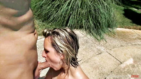 Bianca Ferrero blonde milf giving poolside blowjob in orgy