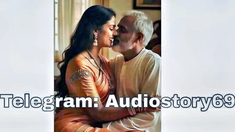 Indian beauty in embroidered saree kissing older man intimately
