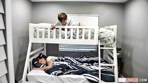 Twink peeking at sleeping buddy in bunk bed, Family Time gay scene