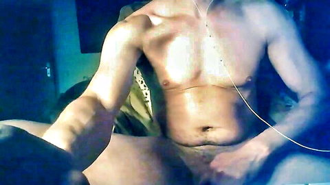 Asian man masturbating solo on webcam, exposed genitals
