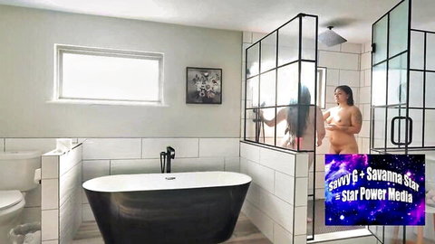 Savvy and Savannah nude lesbian couple in steamy bathroom shower