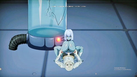 Animated blue-skinned robot girl with big tits rides old white-haired man in Mad Island