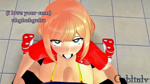 Anime pigtail girl kneels with open mouth full of cum from thick cock blowjob