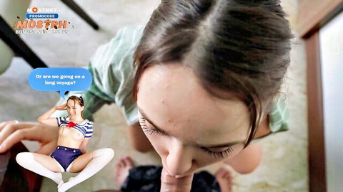 Brunette sailor girl squats legs spread mouth open ready for cock POV