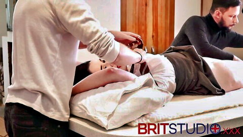 Lana Harding as collared college girl edged and teased by two men