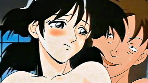 Topless hentai girl with huge tits and flushed cheeks intimately embraced from behind by smiling anime guy