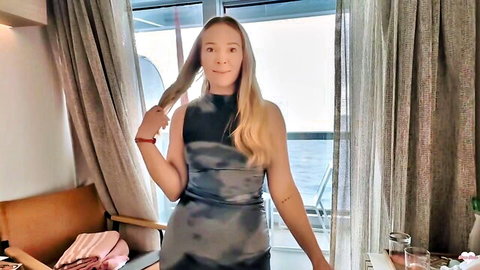 Brea Rose teases as stepmommy in gray dress on cruise balcony