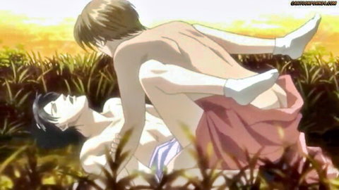 Anime gay couple romantic outdoor anal sex in sunset field