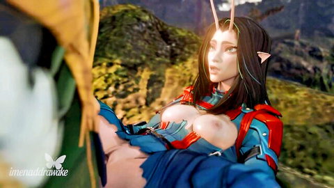 Sexy mantis elf babe with big tits exposed, legs spread in fantasy armor
