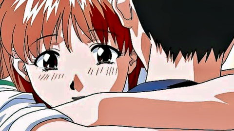 Anime redhead schoolgirl hugs boy intimately from behind in uniform