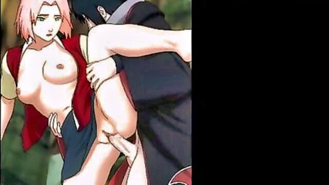 Hentai anime Sakura Haruno nude with Itachi Uchiha in explicit standing embrace