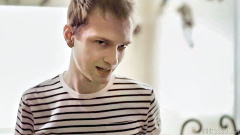 Syren De Mer Taking Care Of Mom scene with young male actor in striped shirt