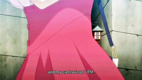 Anime cosplay girl in pink dress with curfew at 7 PM