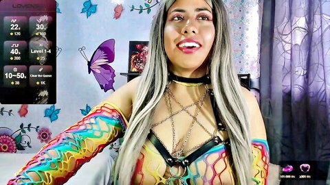 Lylyum_Kt in colorful chain harness corset, smiling seductively on cam