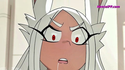 Surprised anime fox girl with white hair and red eyes drooling in hentai scene