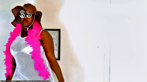 Jade Jordan poses in sheer mesh top, pink feather boa, and dollar sign hat