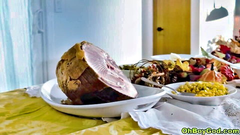Codi Vore's seductive Thanksgiving ham banquet with corn and veggies