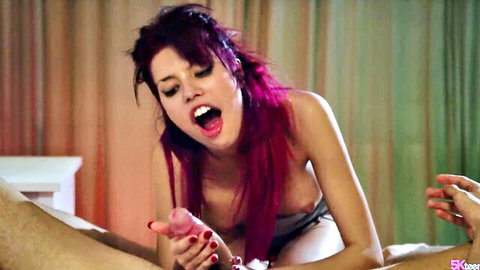 Macarena Lewis with pink hair giving blowjob to Tommy Cabrio
