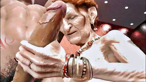 Wrinkled granny grips massive cum-covered cock with bejeweled hands