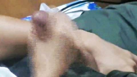 Japanese glasses boy solo masturbation close-up, erect penis visible