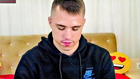 Brystianray young Caucasian guy in black Nike hoodie teases gay strip