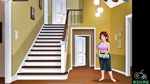 Curvy redhead neighbor in tight pink top and leggings holds yoga mat in Summertime Saga