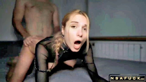 Blonde in fishnet takes intense anal doggy from muscular guy