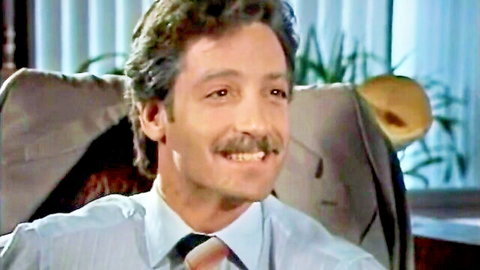 Vintage 1988 adult scene with smiling mustached man in office shirt and tie