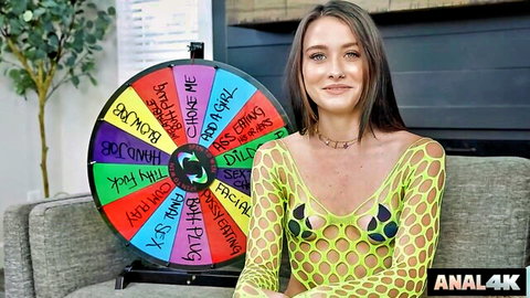 Veronica Church in sheer green mesh lingerie poses by anal wheel game