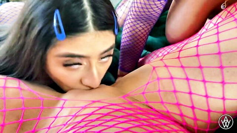 Angela White, Violet Myers, Ella Knox in fishnet lesbian threesome oral action