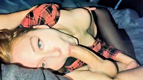 Redhead with exposed tits sucks thick cock lips on tip in plaid shirt and nylons