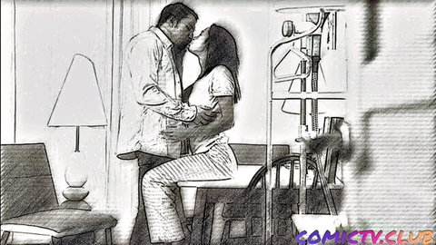 Passionate comic couple kissing intensely with man embracing seated woman