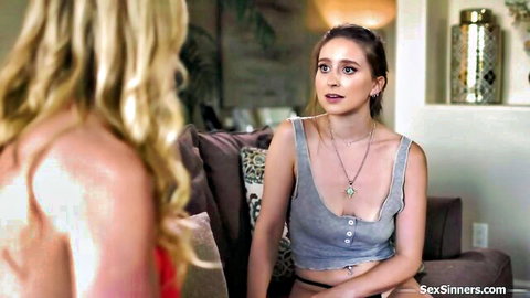 Busty blonde MILF Rachael Cavalli chats with petite teen Laney Grey on couch