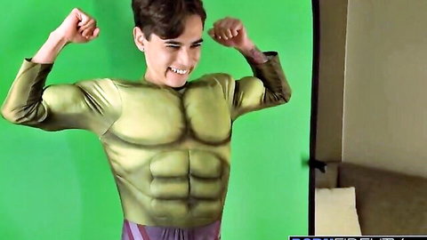 Juan El Caballo Loco as muscular Hulk flexing in sexy cosplay adult scene